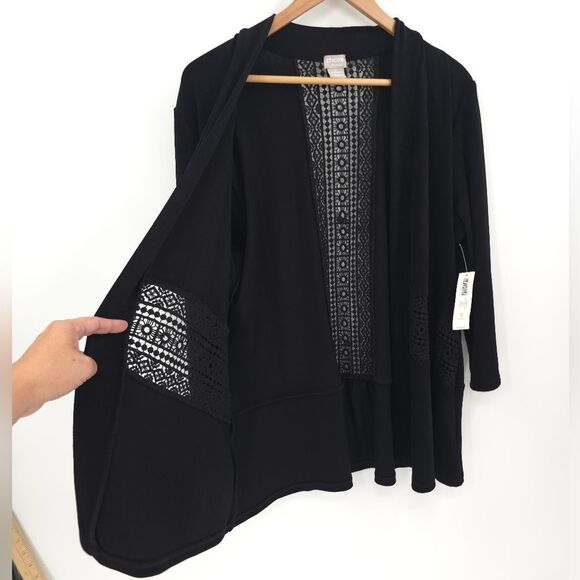 Chicos Travelers Lace Detail Cardigan Jacket Slinky Open Front Black NWT - Picture 4 of 16